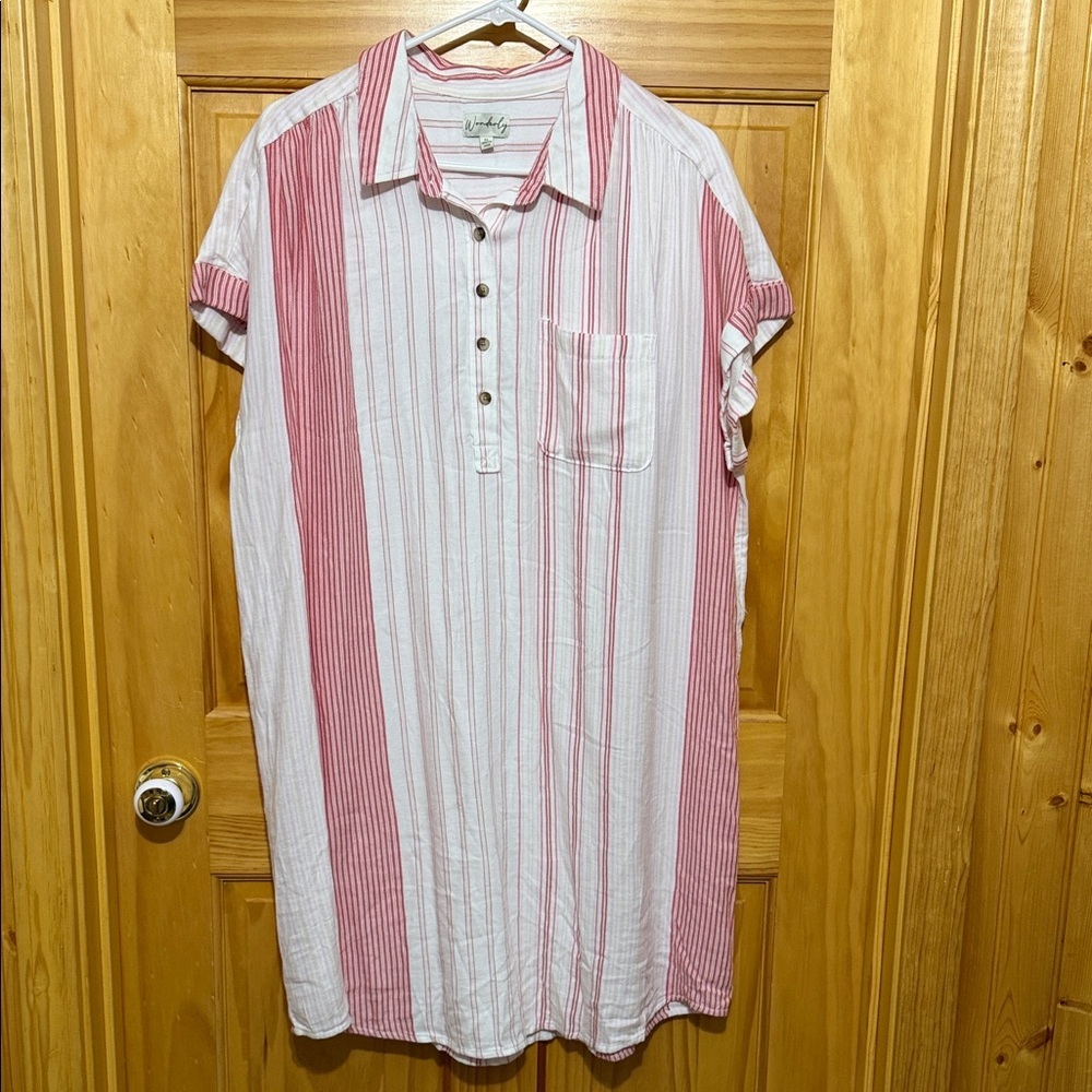 Wonderly Red & White Striped Short Sleeve Shirt Dress, Size XL.